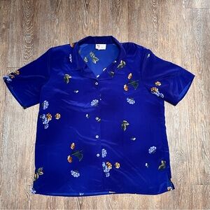 VTG Maggie Sweet Satin Floral Blouse Royal Blue USA Made | Size: 1X